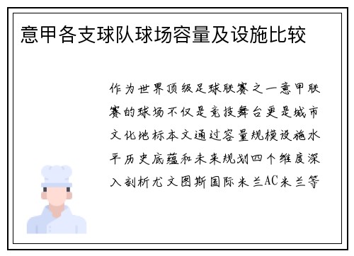 意甲各支球队球场容量及设施比较
