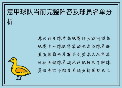 意甲球队当前完整阵容及球员名单分析